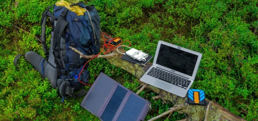 portable technology, solar panel, tablet, laptop and backpack in a forest